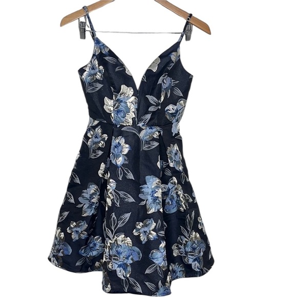 Jules & Cleo Navy Floral Brocade A-Line Plunging Metallic Dress Women Size 2 - Picture 1 of 5